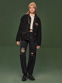 Manfinity 1pc Letter Embroidery Jacket - Black - View 4