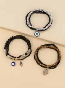 3入組眼形狀玻璃珠魅力與黑色種子珠鑲嵌手鍊套裝 - 彩色 - 查看 2
