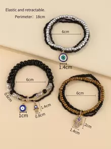 3入組眼形狀玻璃珠魅力與黑色種子珠鑲嵌手鍊套裝 - 彩色 - 查看 3