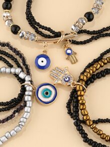 3入組眼形狀玻璃珠魅力與黑色種子珠鑲嵌手鍊套裝 - 彩色 - 查看 4