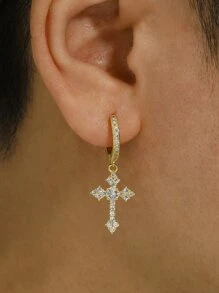 Fashionable and Popular Men Rhinestone Cross Drop Earrings Punk Hip Pop Style Alloy Material for Party and for a Stylish Look - Yellow Gold - View 6