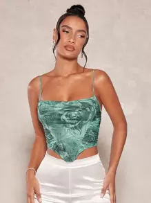 SHEIN BAE 印花褶邊不對稱下擺網紗吊帶上衣 - 彩色 - 查看 1