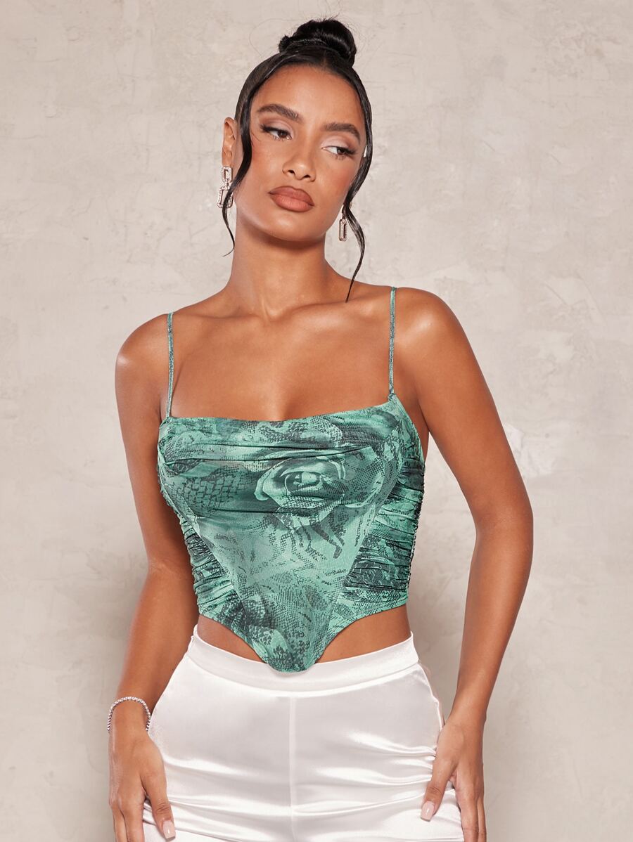 SHEIN BAE 印花褶邊不對稱下擺網紗吊帶上衣 - 彩色 - 查看 1