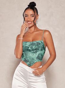 SHEIN BAE 印花褶邊不對稱下擺網紗吊帶上衣 - 彩色 - 查看 3