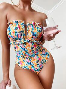 SHEIN Swim Bañador una pieza bandeau con estampado floral pecho con fruncido - Multicolor - Ver 1