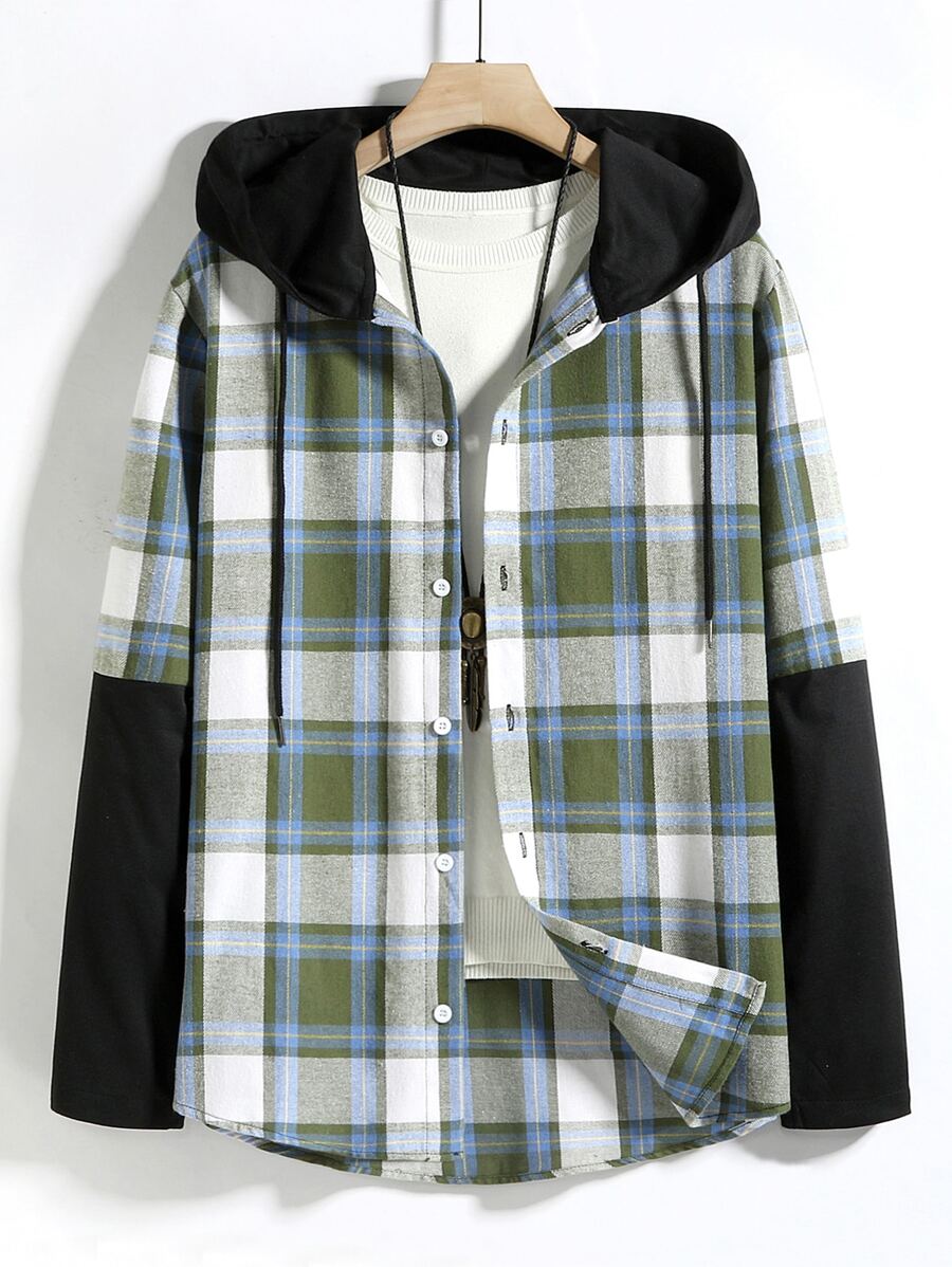 ROMWE MEN Hombres Camisa de cuadros con cordón con capucha sin camiseta - Verde - Ver 1