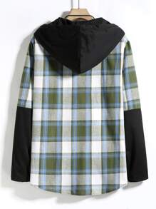 ROMWE MEN Hombres Camisa de cuadros con cordón con capucha sin camiseta - Verde - Ver 2