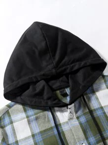 ROMWE MEN Hombres Camisa de cuadros con cordón con capucha sin camiseta - Verde - Ver 4