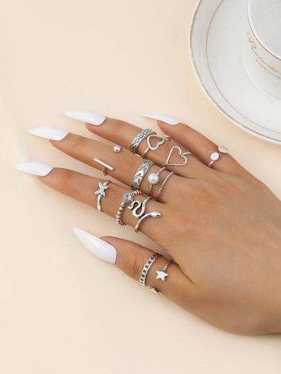 12入組蝴蝶及人造珍珠裝飾戒指