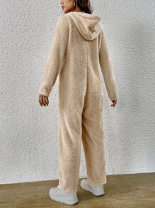 SHEIN EZwear Bear Embroidery Kangaroo Pocket Hooded Flannel Jumpsuit - Khaki - View 3