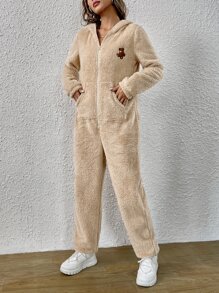 SHEIN EZwear Bear Embroidery Kangaroo Pocket Hooded Flannel Jumpsuit - Khaki - View 6