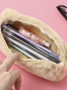 1个纯色毛绒铅笔袋，创意便携笔袋，学生文具收纳包，返校必备，铅笔盒，铅笔袋，书包