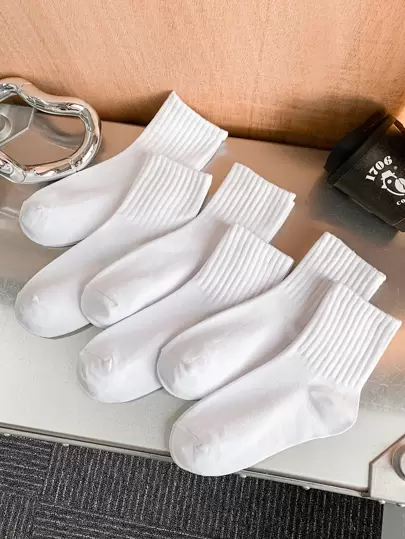 6pairs Solid White Crew Socks, Fall Socks