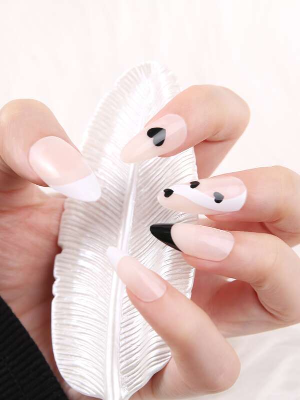 Instantly Upgrade Your Look with 24pcs Extra Long Stiletto French Style Heart Print Striped Fake Nail & 1pc Nail File & 1sheet Tape