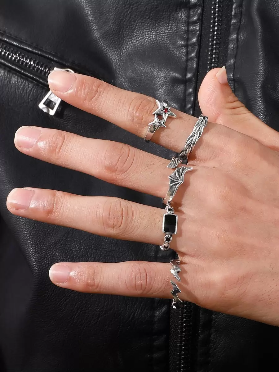5pcs Men Star & Lightning Decor Ring - Multicolor - View 1