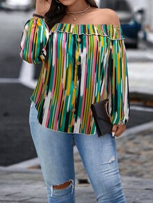 Plus Striped Print Shirred Off Shoulder Blouse