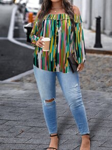 Plus Striped Print Shirred Off Shoulder Blouse