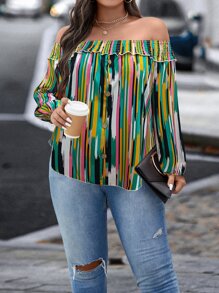 Plus Striped Print Shirred Off Shoulder Blouse