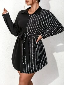 SHEIN Unity Áo sơ mi Plus Size Thắt lưng Nút phía trước Sọc Giải trí - màu đen - Xem 4