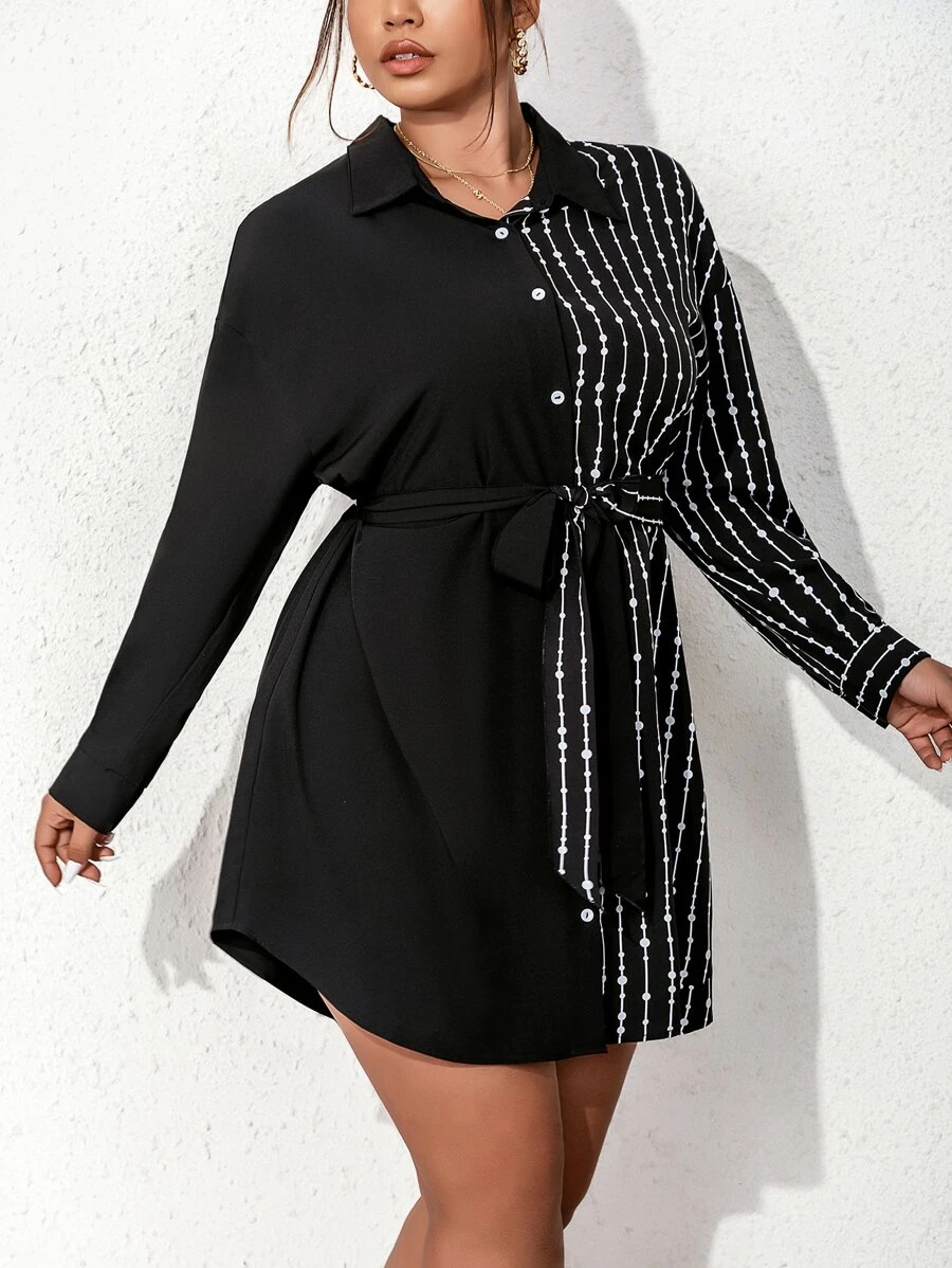 SHEIN Unity Áo sơ mi Plus Size Thắt lưng Nút phía trước Sọc Giải trí - màu đen - Xem 1