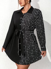 SHEIN Unity Áo sơ mi Plus Size Thắt lưng Nút phía trước Sọc Giải trí - màu đen - Xem 6