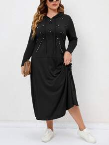 SHEIN LUNE Plus Size Pearls Beaded Drawstring Sweatshirt Dress - Black - View 1