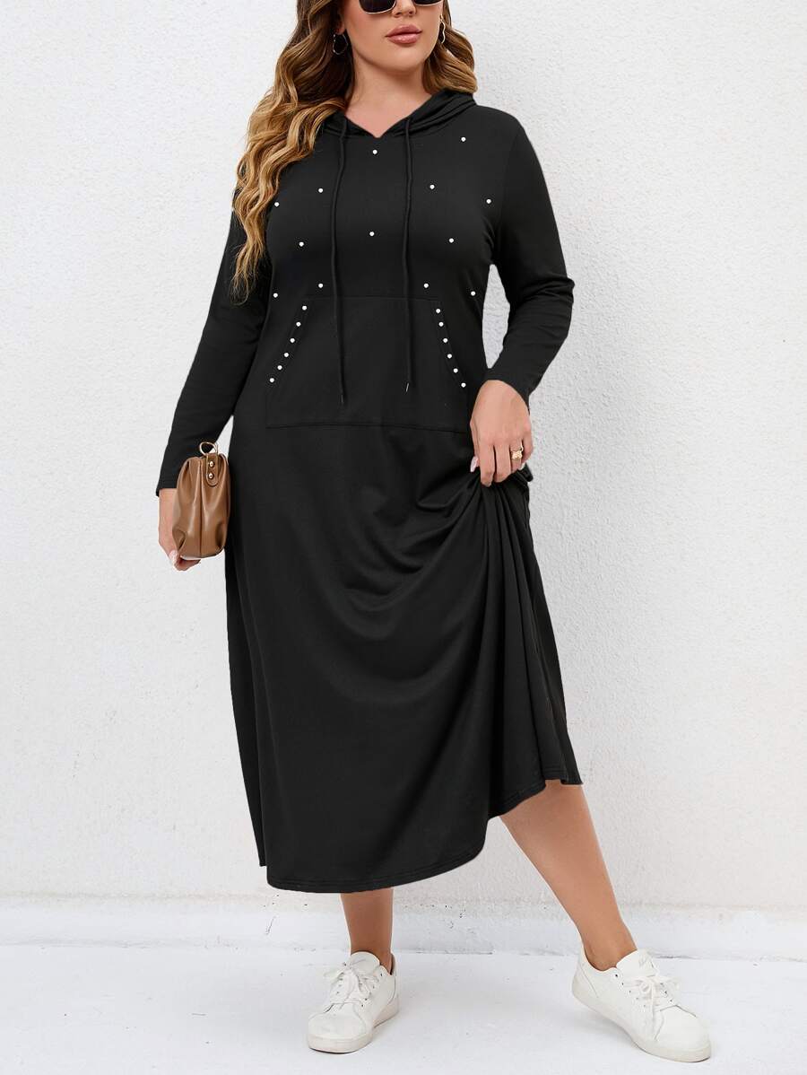 SHEIN LUNE Plus Size Pearls Beaded Drawstring Sweatshirt Dress - Black - View 1