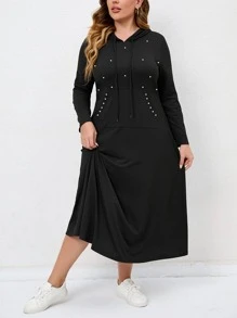 SHEIN LUNE Plus Size Pearls Beaded Drawstring Sweatshirt Dress - Black - View 3