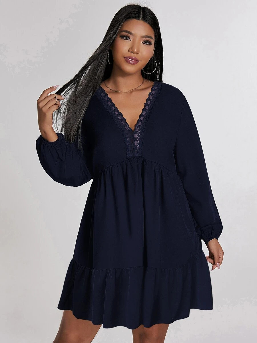 SHEIN Holidaya Plus Contrast Lace Ruffle Hem Smock Dress - Navy Blue - View 1