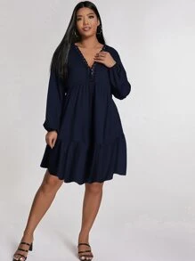 SHEIN Holidaya Plus Contrast Lace Ruffle Hem Smock Dress - Navy Blue - View 4
