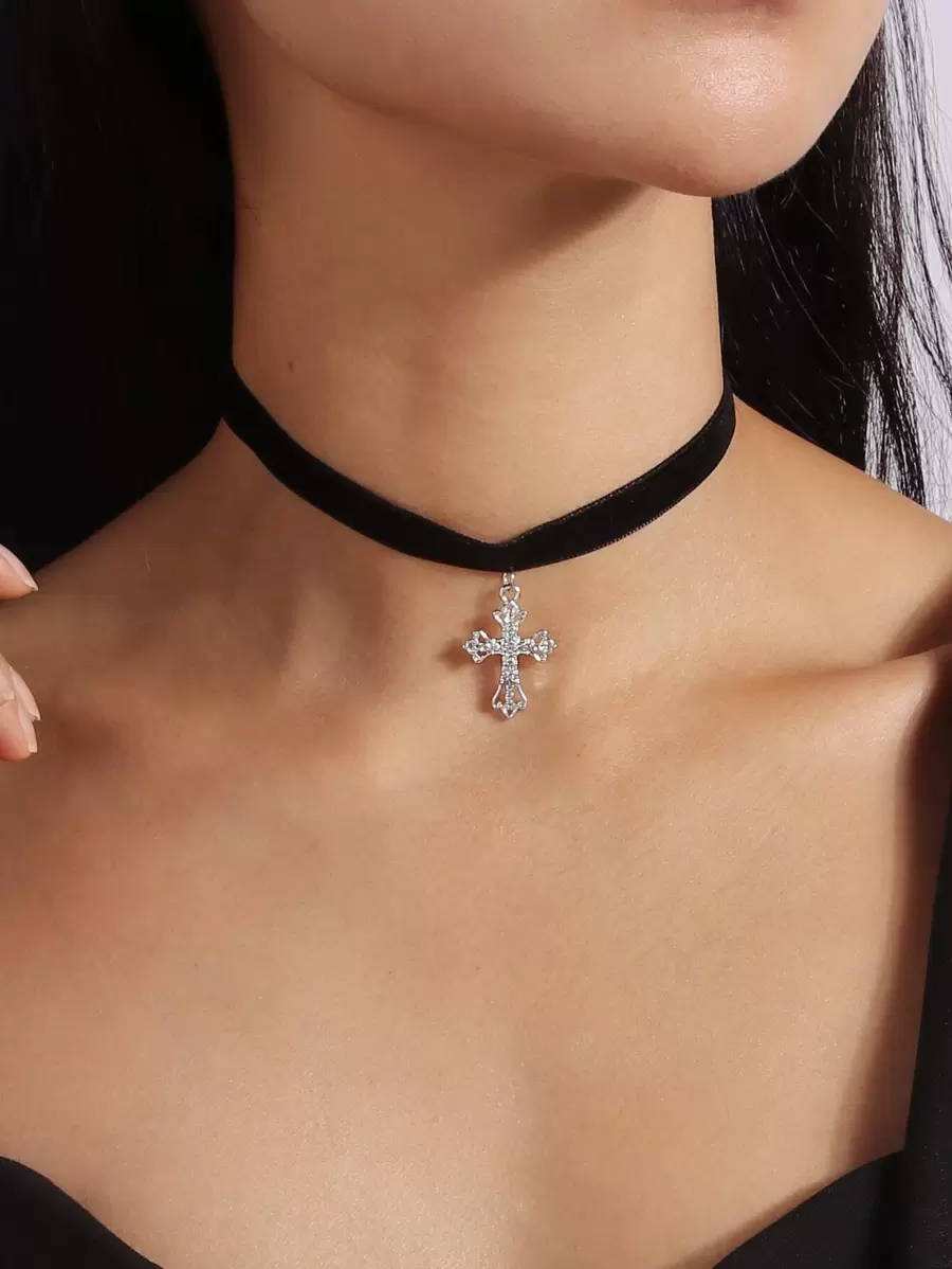 Rhinestone Cross Charm Choker - Silver - View 1