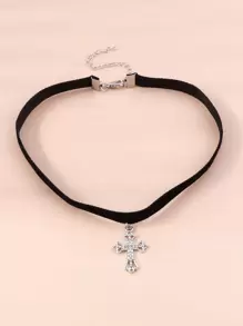 Rhinestone Cross Charm Choker - Silver - View 2