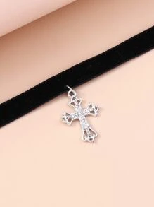 Rhinestone Cross Charm Choker - Silver - View 3
