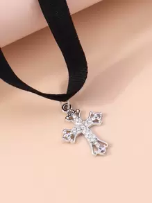 Rhinestone Cross Charm Choker - Silver - View 4