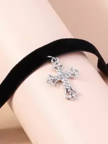 Rhinestone Cross Charm Choker - Silver - View 5