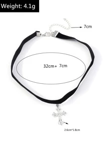 Rhinestone Cross Charm Choker - Silver - View 6