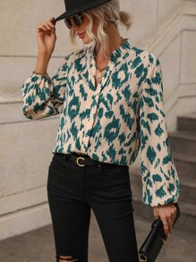 SHEIN Essnce Allover Print Lantern Sleeve Blouse - Apricot - View 1