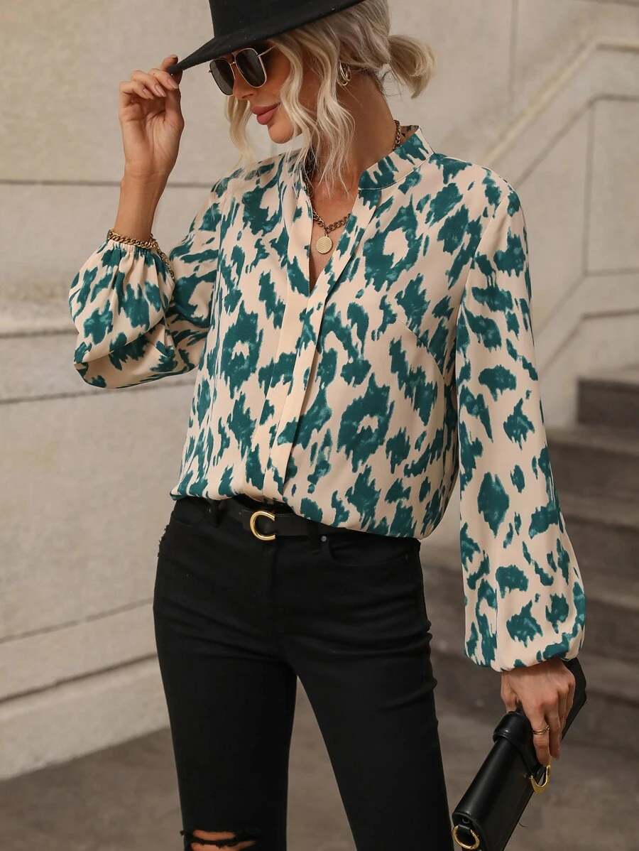 SHEIN Essnce Allover Print Lantern Sleeve Blouse - Apricot - View 1