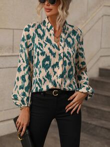 SHEIN Essnce Allover Print Lantern Sleeve Blouse - Apricot - View 4