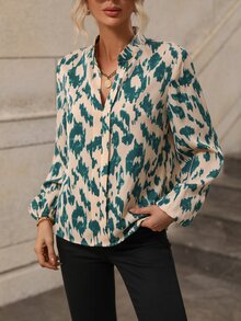 SHEIN Essnce Allover Print Lantern Sleeve Blouse - Apricot - View 5