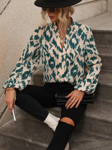 SHEIN Essnce Allover Print Lantern Sleeve Blouse - Apricot - View 6