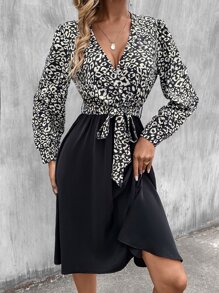 Leopard Print Lantern Sleeve Belted Dress - Black - View 6