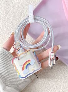 卡通彩虹1.5米人造絲繞線器、線路固定器，防斷裂資料線，附有TPU充電頭和5入組保護套，適用於20W快速充電 - 彩色 - 查看 1