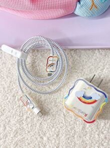 卡通彩虹1.5米人造絲繞線器、線路固定器，防斷裂資料線，附有TPU充電頭和5入組保護套，適用於20W快速充電 - 彩色 - 查看 2