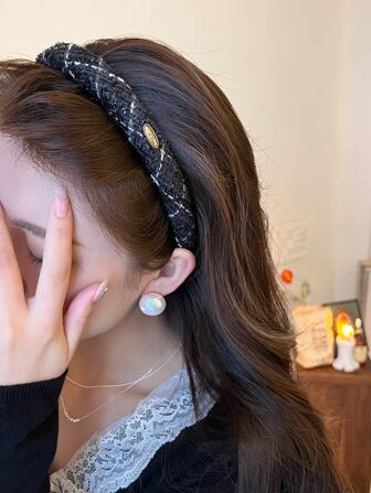 1個 チェック柄 オーバル デコレーション ヘアバンド エレガントなティアラ、ヘアバンド、ヘアフープ、ヘアアクセサリー ヘアバンド、ブラック