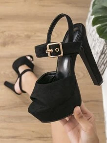 Minimalist Platform Heeled Faux Suede Ankle Strap Sandals - Black - View 2
