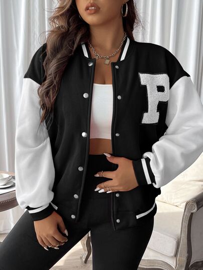 Plus Letter Patched Striped Trim Drop Shoulder Varsity Jacket