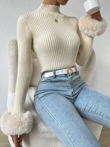 Chiquease Áo len cổ cao tay phồng mềm mại, thích hợp cho mùa thu đông. - Màu be - Xem 4