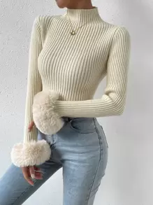 Chiquease Áo len cổ cao tay phồng mềm mại, thích hợp cho mùa thu đông. - Màu be - Xem 5