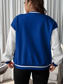 Flirla Cazadora de universidad con parche de letra ribete de rayas de hombros caídos - Azul y blanco - Ver 2